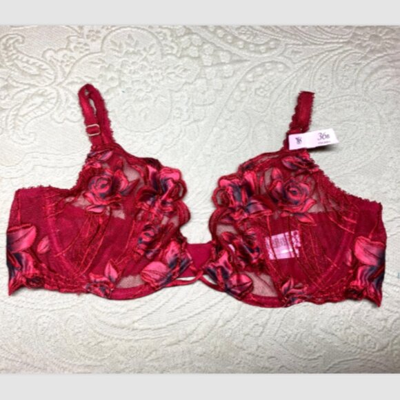 Victoria's Secret Very Sexy Red Rose Embroidery Unlined Demi Bra 36B Thong M Set - Picture 9 of 16